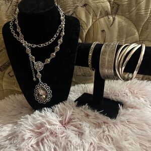 Silver-Tone Pendant Necklace and Bangle Set - Elegant Silver Jewelry